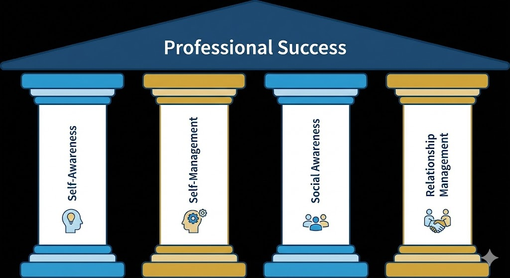 Infográfico ilustrando os quatro pilares da inteligência emocional de Daniel Goleman: Autoconsciência, Autogestão, Consciência Social e Gestão de Relacionamentos.