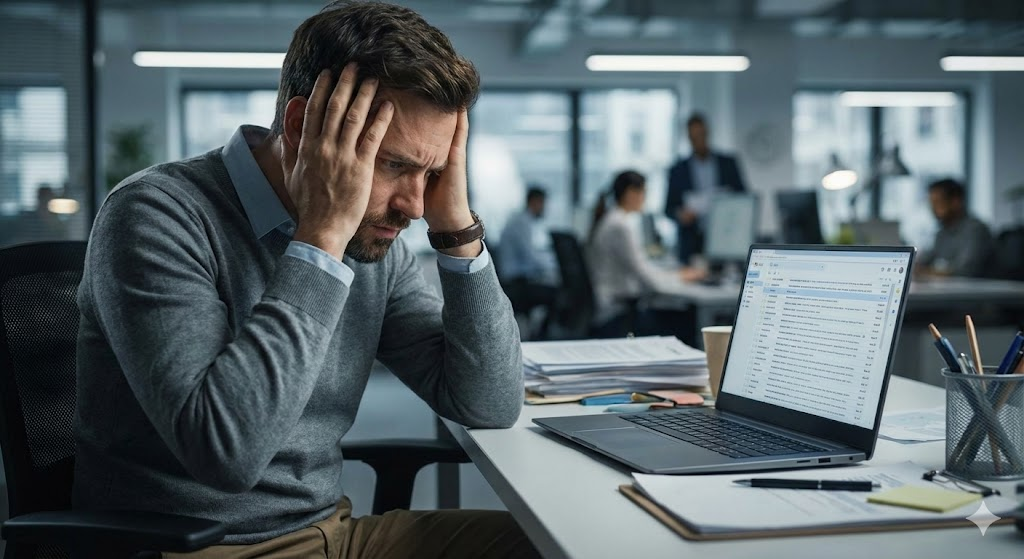 Profissional estressado e sobrecarregado no escritório, demonstrando sinais de baixa gestão emocional e burnout.