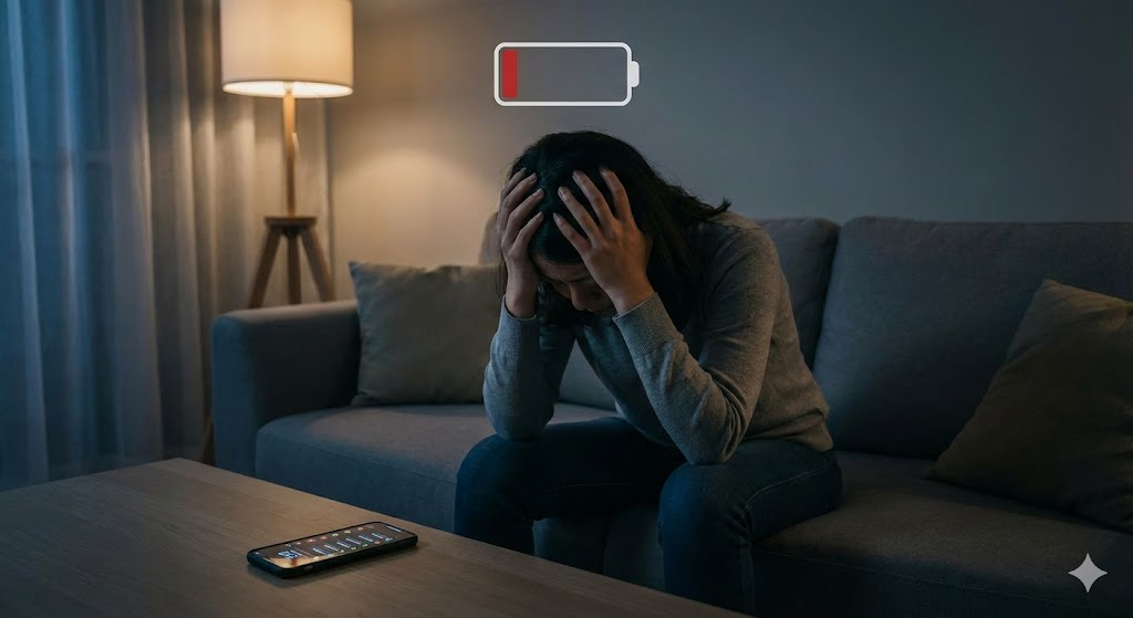 Pessoa sentada no sofá demonstrando exaustão mental e emocional após interações sociais tóxicas.