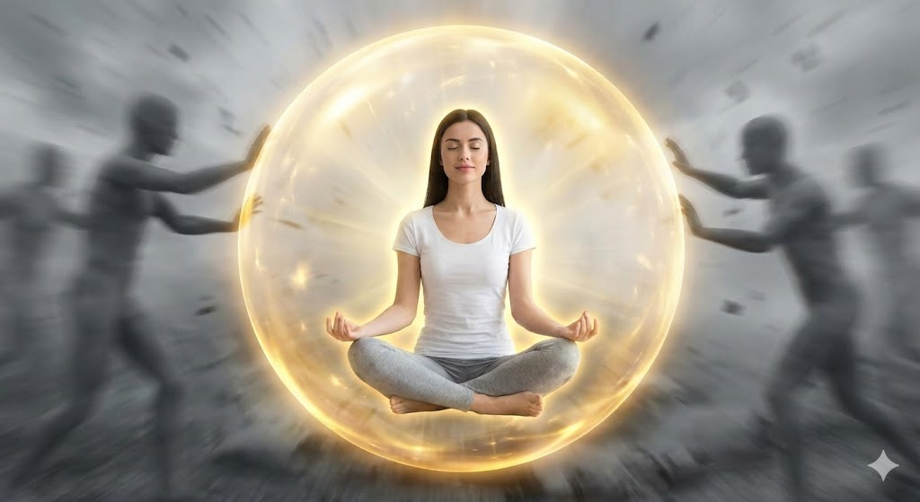 Mulher meditando protegida por um escudo energético de luz, simbolizando o estabelecimento de limites contra pessoas tóxicas.
