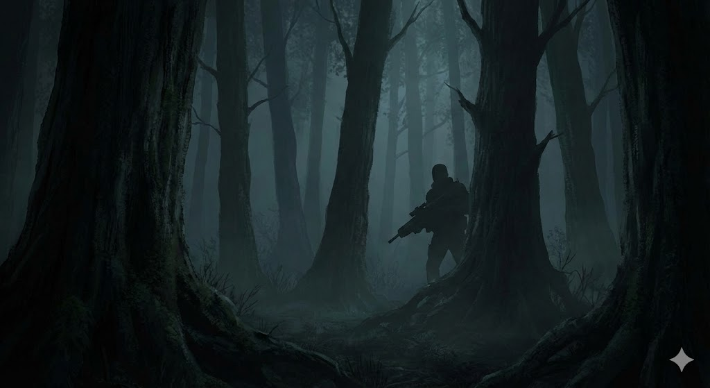 Ilustração conceitual de uma floresta escura e densa à noite com a silhueta de um caçador escondido, representando a metáfora da Teoria da Floresta Negra.