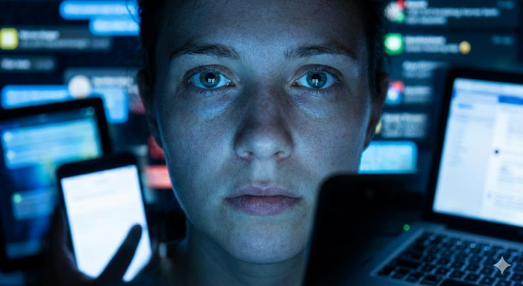 Rosto de uma pessoa iluminado por múltiplas telas azuis, com expressão de sobrecarga digital e excesso de estímulo.