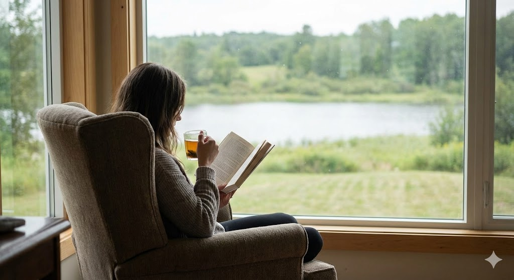 Pessoa praticando o jejum de dopamina, lendo um livro físico e tomando chá em um ambiente calmo e sem tecnologia.