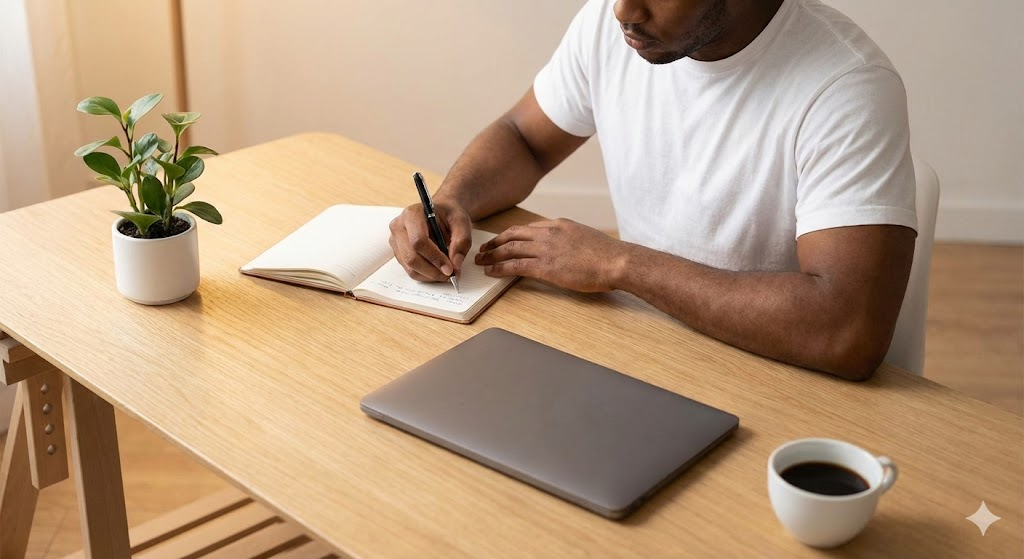 Profissional trabalhando com foco profundo e concentração em uma mesa limpa, escrevendo em um caderno sem distrações digitais.