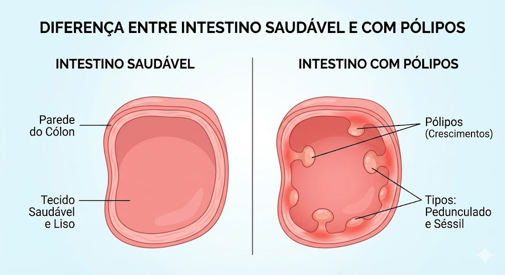 Um infográfico simples mostrando a diferença entre um intestino saudável e um com pólipos