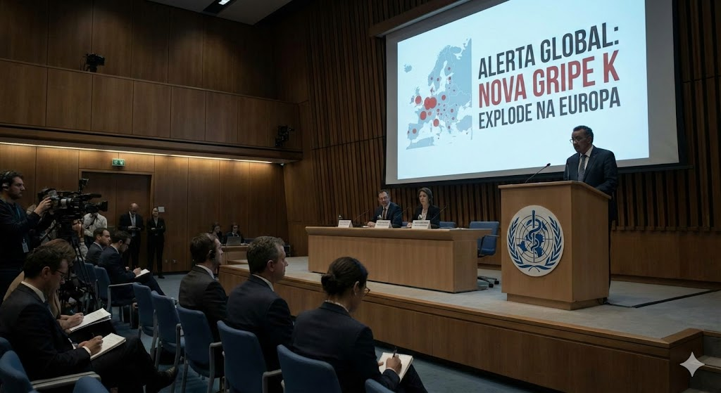 Esta imagem representa o momento do anúncio formal da OMS. Com um orador em um pódio e um grande telão atrás, a seriedade da situação é evidente. A tela exibe o texto "ALERTA GLOBAL: NOVA GRIPE K EXPLODE NA EUROPA" sobre um mapa com focos da doença.