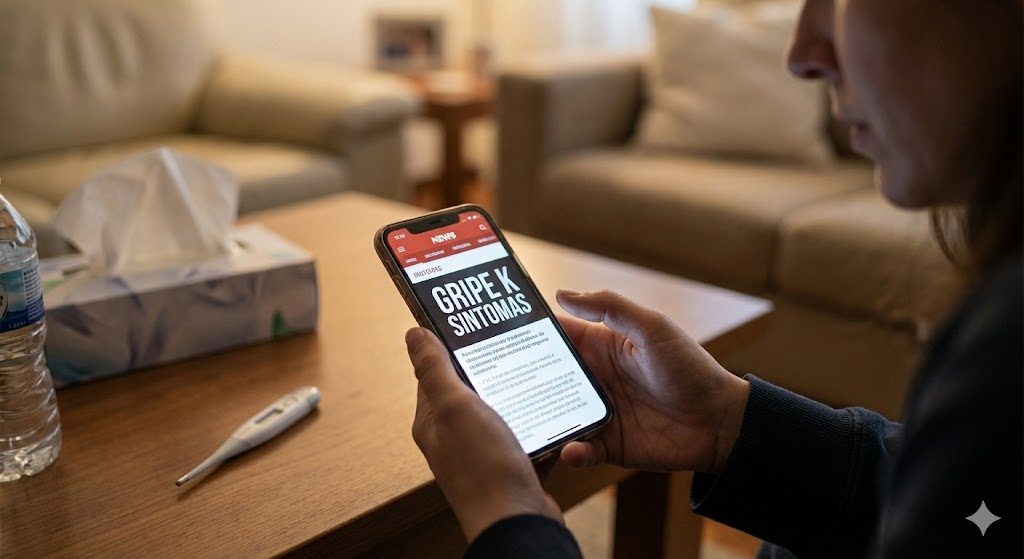 Por fim, a terceira imagem traz uma perspectiva mais íntima. Ela foca em uma pessoa em casa, possivelmente sentindo-se mal, buscando informações sobre os "GRIPE K SINTOMAS" em seu celular. Itens como lenços e um termômetro reforçam a ideia de cuidado pessoal e busca por orientação.