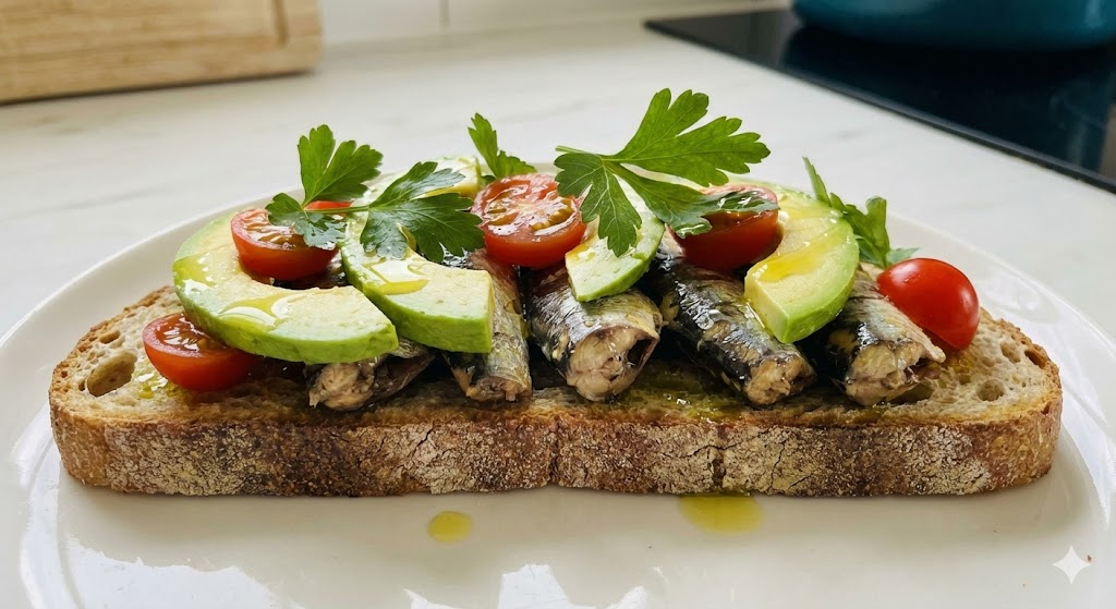 Close-up de uma fatia de pão de fermentação natural torrado, coberta com filés de sardinha em lata, fatias de abacate, tomates cereja cortados e salsinha, regada com azeite de oliva sobre uma bancada de cozinha branca.