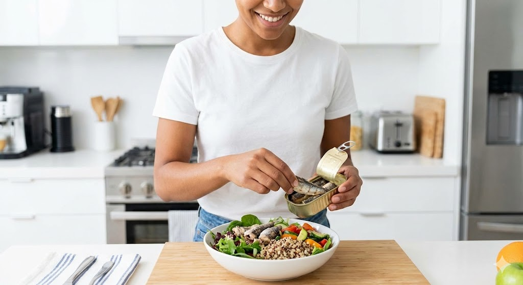 Uma mulher sorrindo em uma cozinha moderna, segurando uma lata de sardinha aberta e adicionando um filé a uma tigela de salada saudável que contém quinoa, folhas verdes e vegetais.