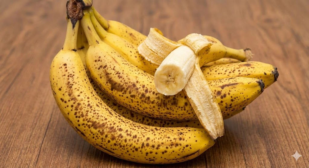 Close-up de um cacho de bananas muito maduras, com cascas amarelas cheias de manchas marrons, sobre uma mesa de madeira, indicando maior teor de açúcar. Uma banana está parcialmente descascada.