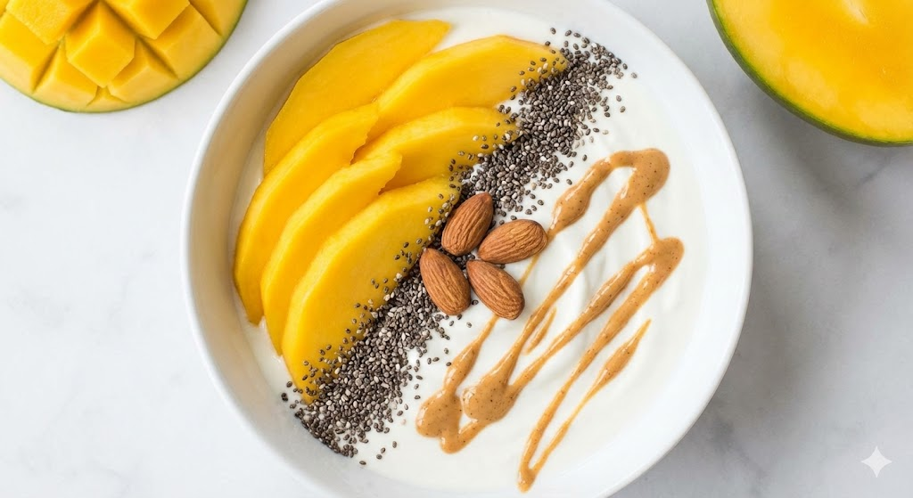 Fotografia de uma tigela de café da manhã saudável contendo iogurte grego, fatias de manga fresca, sementes de chia, amêndoas inteiras e um fio de pasta de amendoim, mostrando como combinar frutas com proteínas e gorduras.