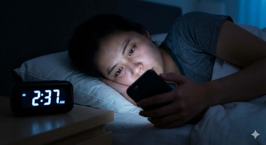 Close-up de uma mulher deitada na cama em um quarto escuro às 2:37 da manhã, com o rosto iluminado pela luz do smartphone que ela está usando, com olhos cansados, representando a procrastinação vingativa do sono e o vício em tecnologia.