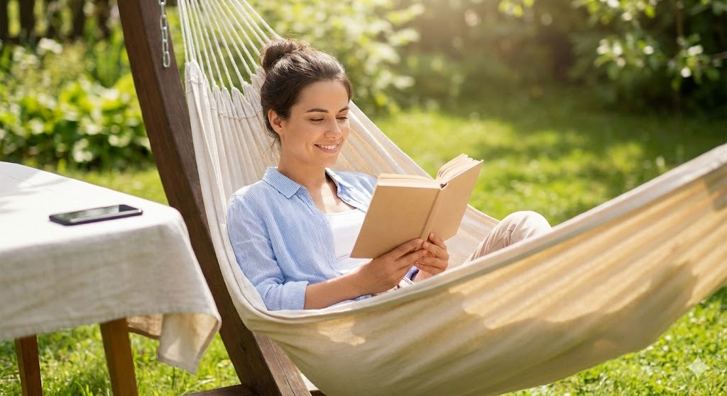 Uma mulher sorrindo e relaxada, deitada em uma rede em um jardim ensolarado, lendo um livro físico de papel. Um smartphone está visível em uma mesa distante, virado para baixo, simbolizando um detox digital bem-sucedido e bem-estar mental.