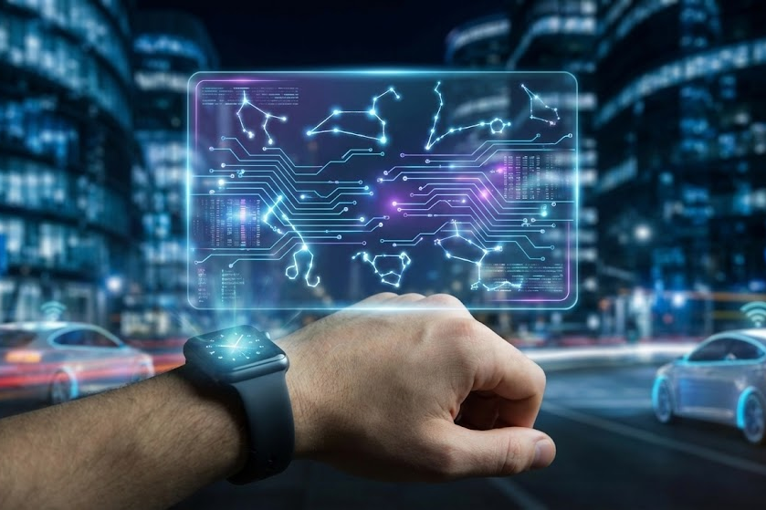 Mão segurando uma interface holográfica que mistura símbolos do zodíaco com tecnologia avançada, tema central do horóscopo 2026