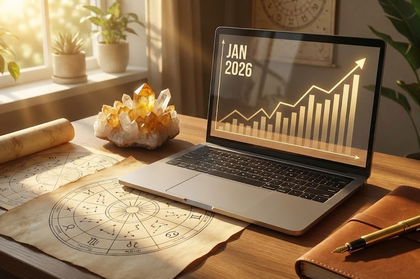 Mesa de trabalho organizada com computador mostrando gráficos de crescimento financeiro e mapas astrais, focando nas previsões de carreira para 2026