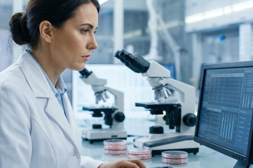 Cientista mulher em um laboratório moderno, focada na análise de dados gráficos em uma tela de computador, com microscópios e placas de Petri ao fundo, ilustrando a pesquisa médica