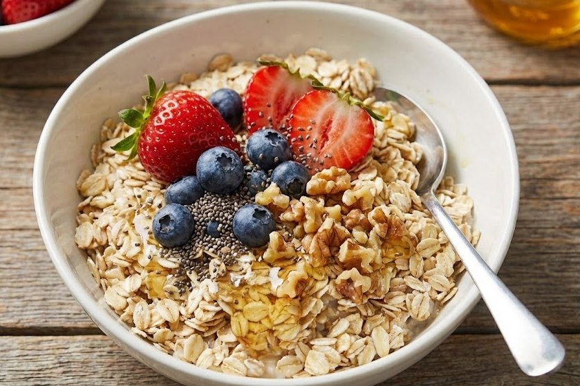 imagem destaca a importância das fibras, um nutriente crucial para a liberação do GLP-1, mostrando uma opção de café da manhã saudável e saciante.