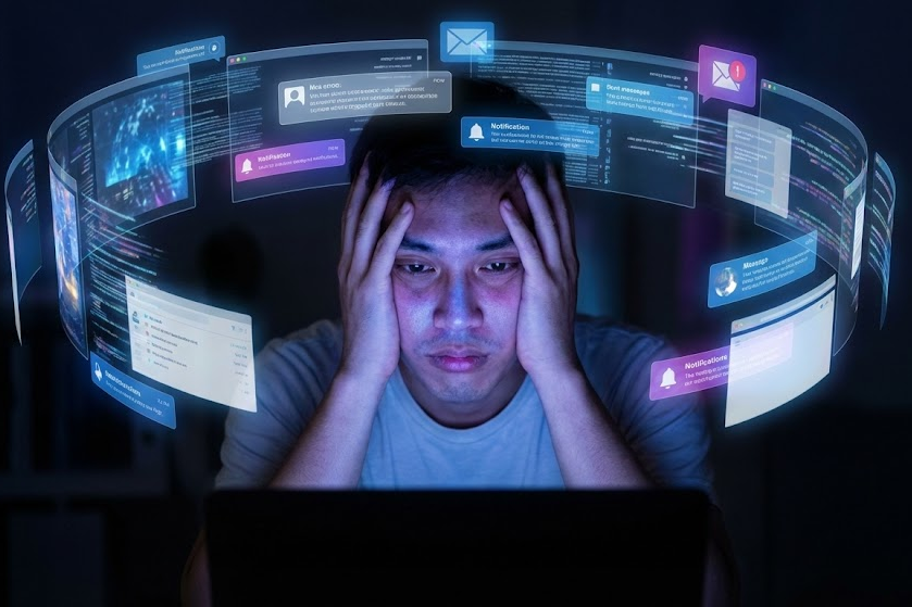Um homem com expressão de exaustão e estresse sentado no escuro em frente a um laptop, com a cabeça entre as mãos, cercado por múltiplas notificações digitais e janelas de redes sociais flutuando ao redor de sua cabeça, ilustrando a sobrecarga de informação e o burnout digital.