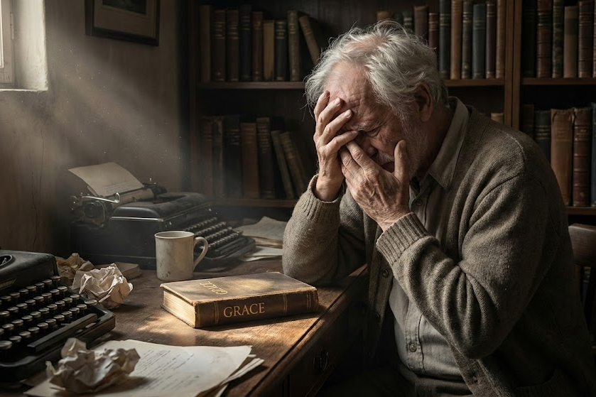 Escritor idoso sentado em sua mesa com as mãos na cabeça demonstrando remorso e tristeza, representando a confissão de Philip Yancey.